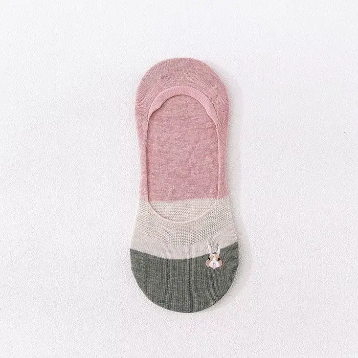 Chaussettes bateau pour femme avec broderie lapin Kawaii, en coton fin, antidérapantes avec talon en