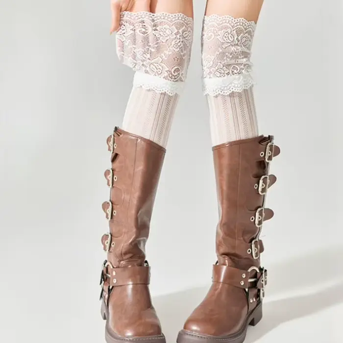 Nouvelles chaussettes longues en dentelle gris-blanc pour femme
