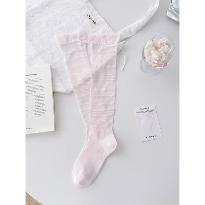 Chaussettes hautes pour femmes, bas transparents à volants et nœuds mignons, style coréen, nouvelle 