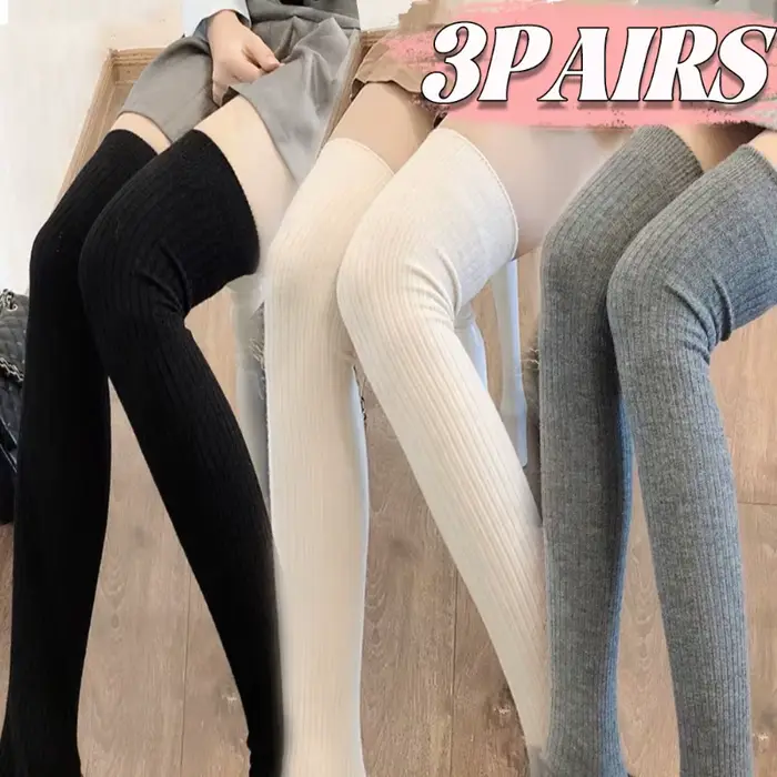 Chaussettes en laine pour femme, couleur unie, cuissardes hautes, Lolita, bas épais et chauds, noir et blanc, longues jambes, automne/hiver