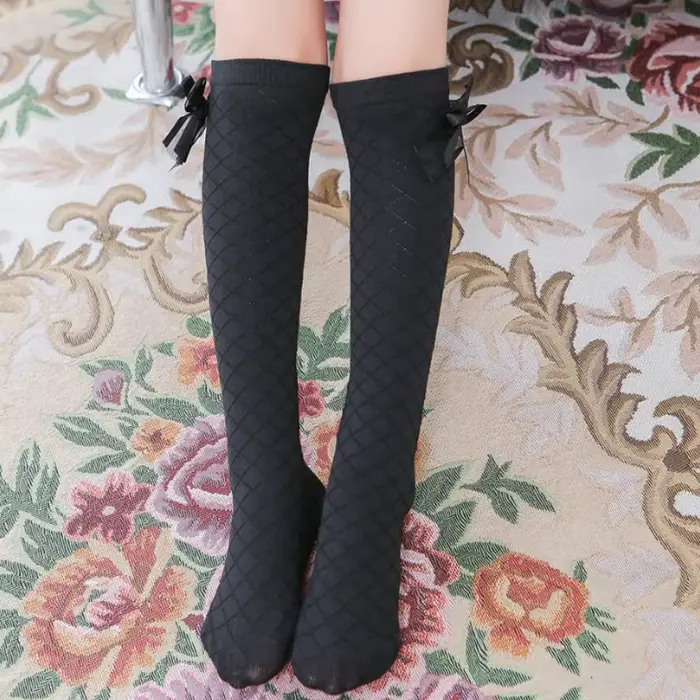 Chaussettes hautes à nœud papillon pour filles,à carreaux, style décontracté, en élastique, longue, 