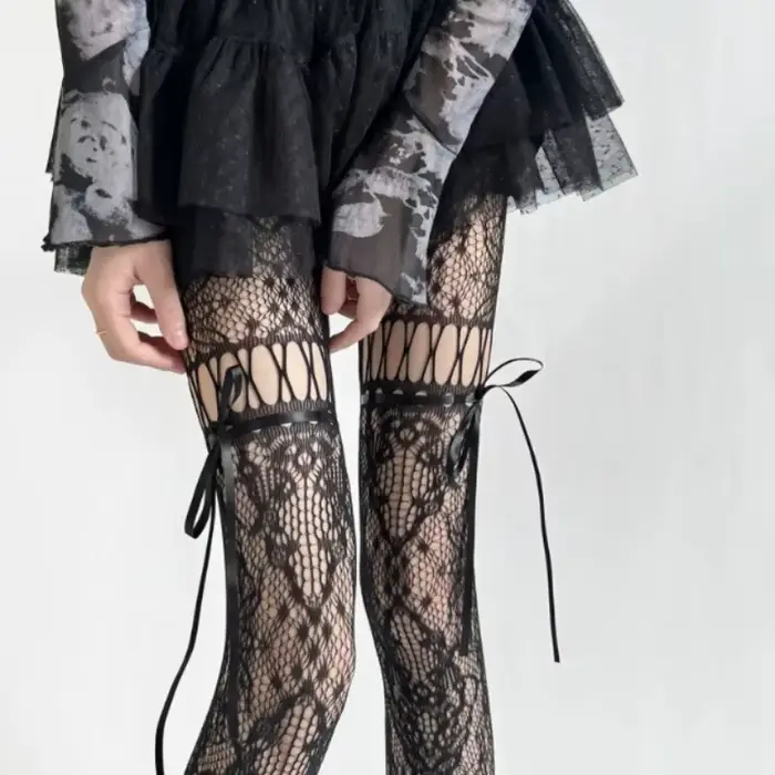 Collants en dentelle ajourés pour femmes, avec bretelles à nœud papillon, collants en maille transpa