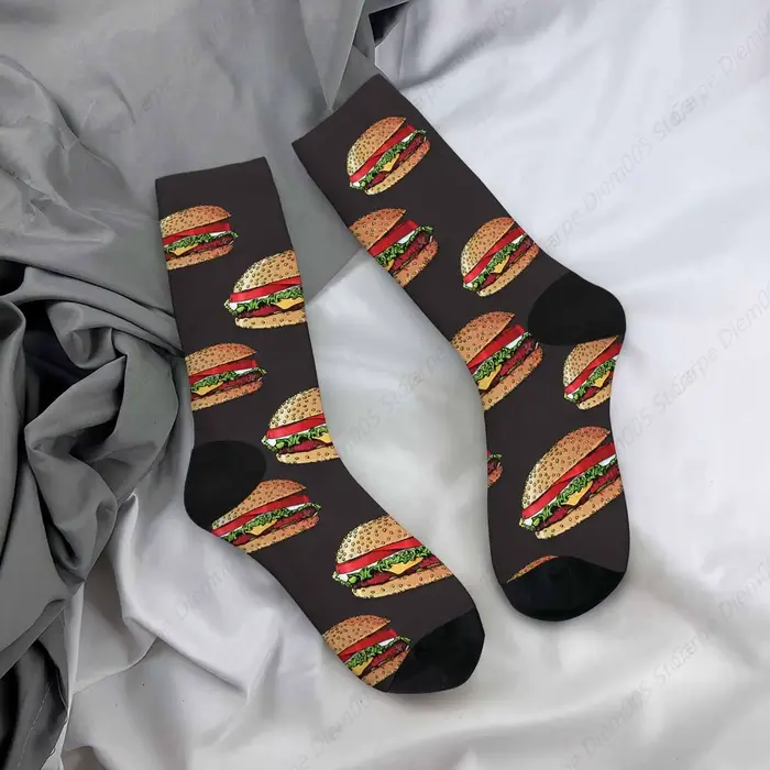 Chaussettes drôles à motif de hamburger pour hommes et femmes, chaussettes d'équipage décontractées,