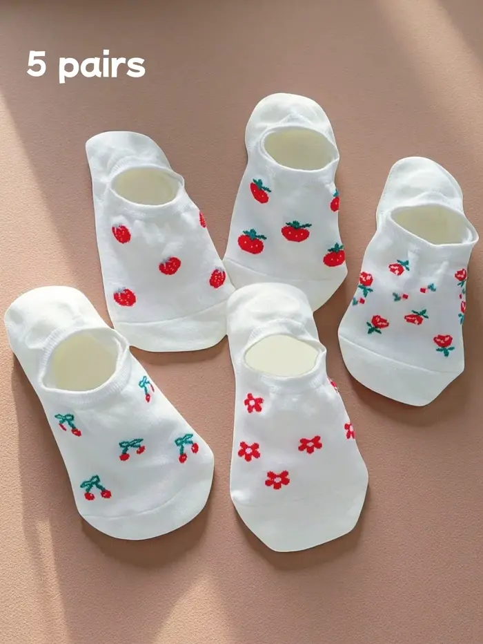 Chaussettes bateau invisibles pour femmes, avec motifs mignons de cerises, chaussettes fines et resp