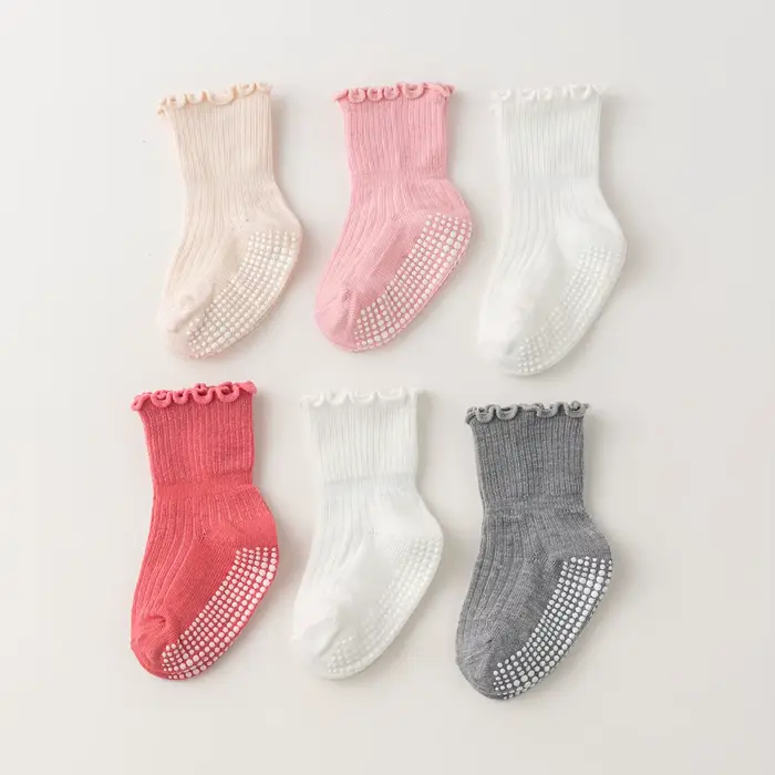 6 paires de chaussettes antidérapantes pour bébés filles avec bordure effet bois, chaussettes de sol