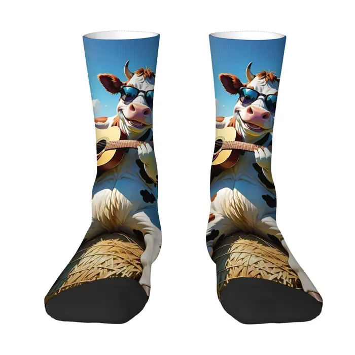 Chaussettes fantaisie drôles avec visage de vache, avec guitare, longueur mi-mollet, confortables, d
