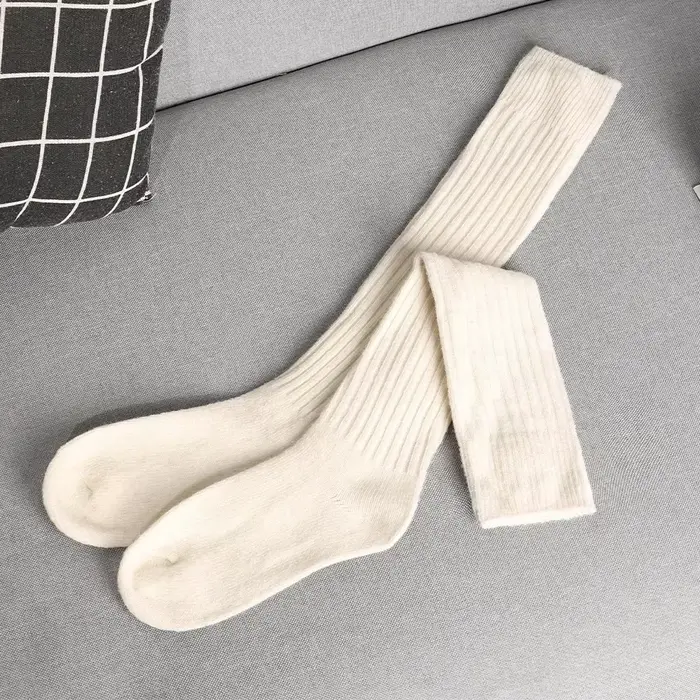 Chaussettes longues en laine douce pour femmes, automne hiver, cachemire, bas tricoté solide, slim, 