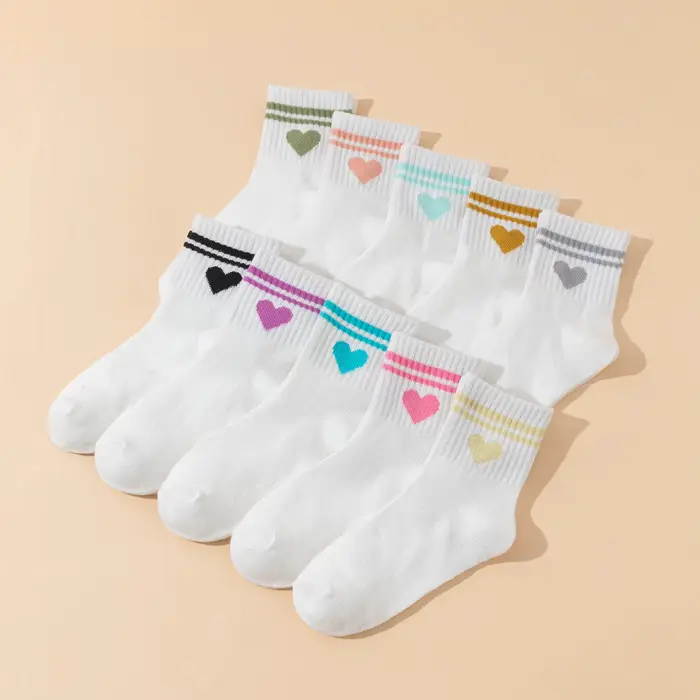10 paires de chaussettes blanches pour enfants, avec rayures en forme de cœur et doubles hexagonaux,