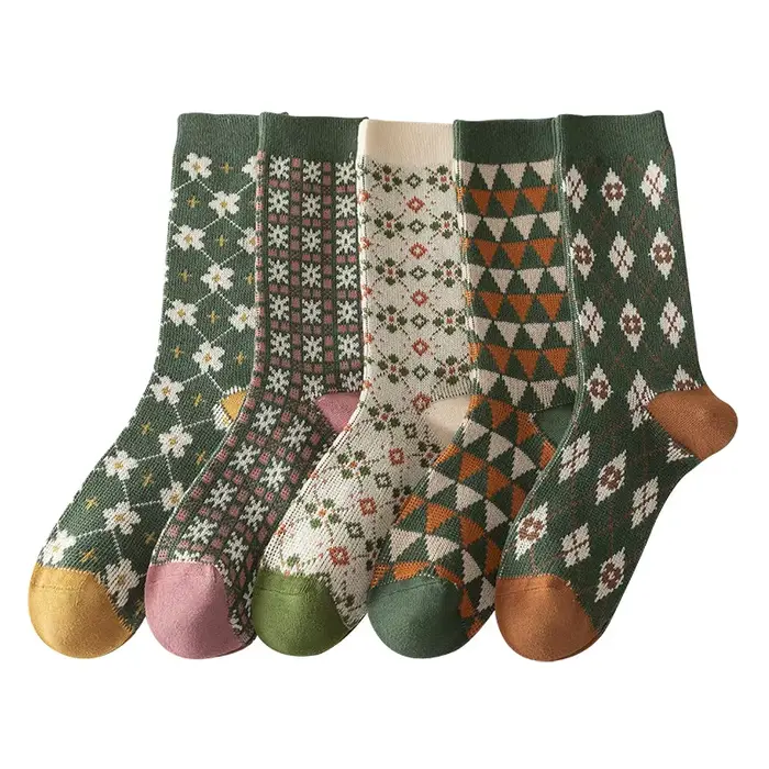 5 paires de chaussettes mi-mollet pour femmes avec imprimé automne hiver longues chaussettes hautes 