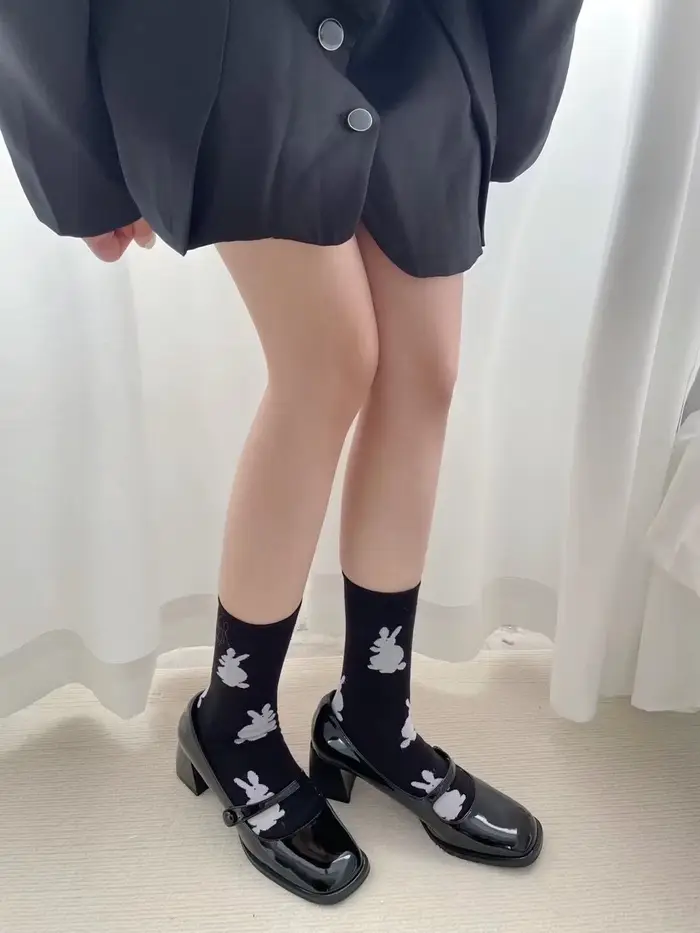 Chaussettes mi-mollet pour femmes, motif lapin mignon, en coton, respirantes, couleur unie, style si
