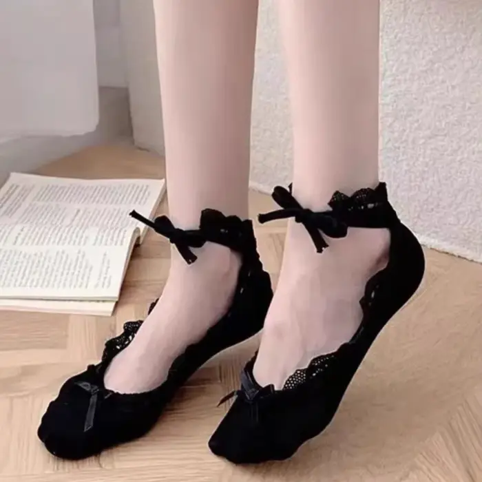 Japonais doux Ballet dentelle cravate sangles bateau chaussettes nœud papillon femmes pantoufle fill