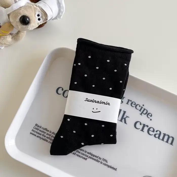 Chaussettes fines vintage crème à bords bouclés pour femmes, chaussettes mi-tube à pois, chaussettes