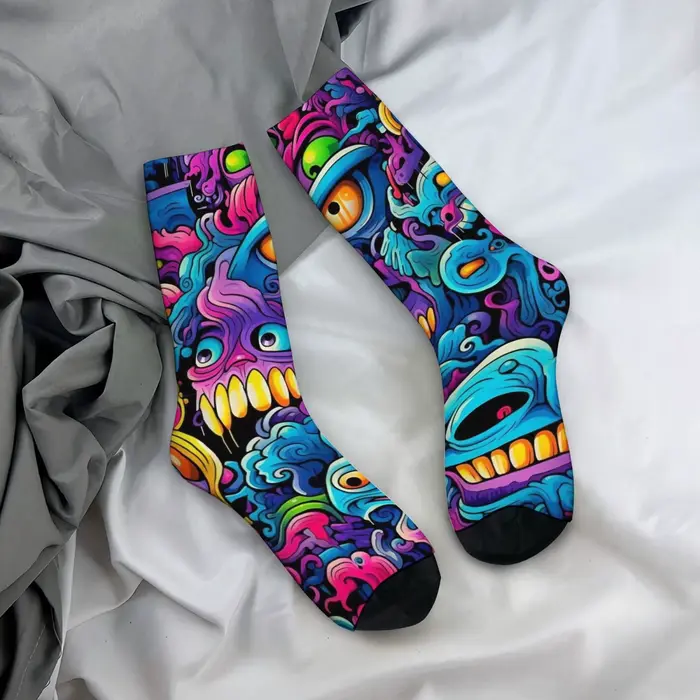 1 paire Hip Hop rétro violet monstre fou hommes chaussettes de Compression Harajuku sans couture imp
