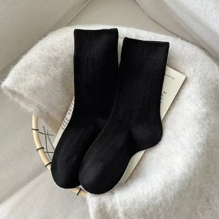 Nouveau confortable côtelé chaussettes femmes couleur unie coton équipage chaussettes doux mi-mollet