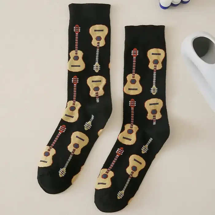 1 paire de chaussettes mi-tube imprimées guitare pour hommes, à la mode, polyvalentes, col rond, dou