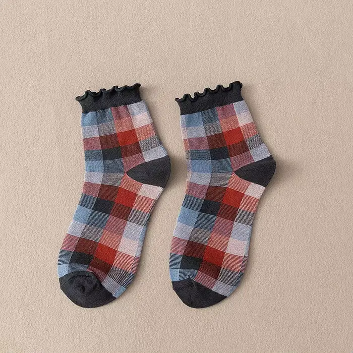 Femmes chaussettes coton Plaid ample court à volants chaussettes femme Sox filles cadeau Vintage mig
