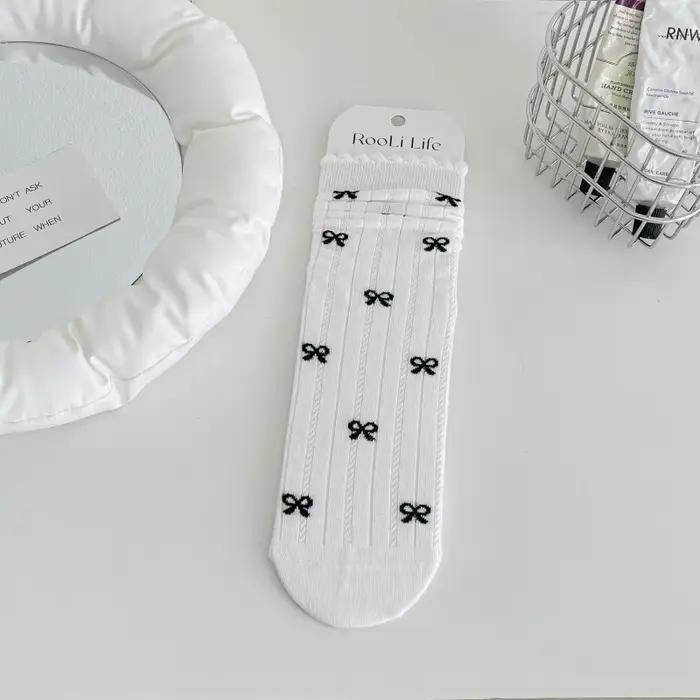 1 Paire de Chaussettes Mi-Mollet pour Femme à Motif Nœud, Style Collège, Chaussettes Superposées pou