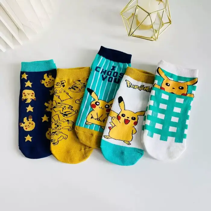 5 paires de chaussettes courtes pour femmes, mignonnes, à l'effigie de Pikachu Pokémon, imprimées de