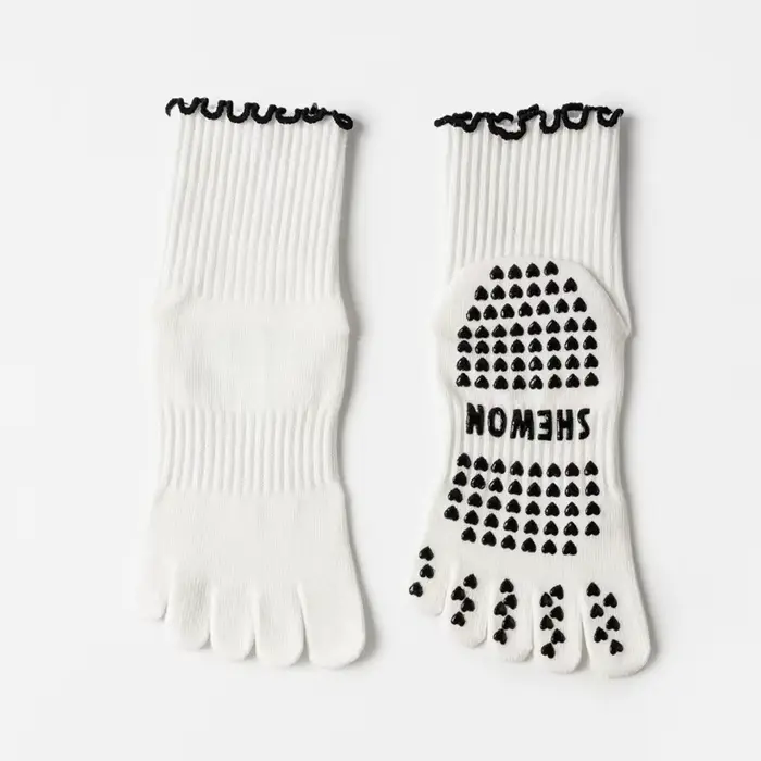 Chaussettes Pilates à cinq orteils pour femmes, en coton, avec bord festonné, antidérapantes en sili