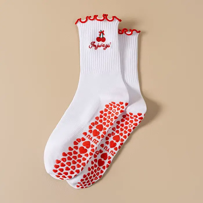 Chaussettes de Sport pour femmes, mi-mollet, brodées, antidérapantes, pour Yoga, Pilates, spécial po