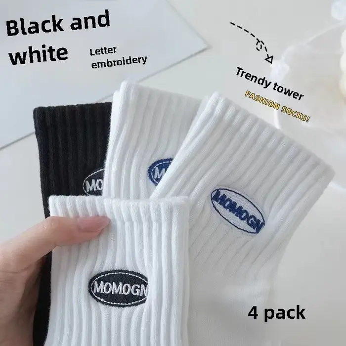 4 paires de chaussettes en coton pour hommes et femmes, chaussettes de course Anti-odeur quatre saisons, chaussettes de sport en coton brodées absorbant la sueur