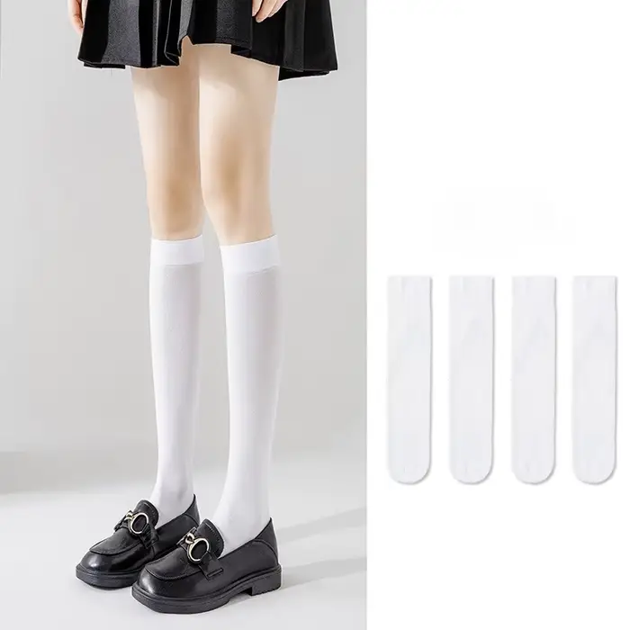 JK-Chaussettes longues noires et blanches pour femmes, couleur unie, au-dessus du genou, pour filles