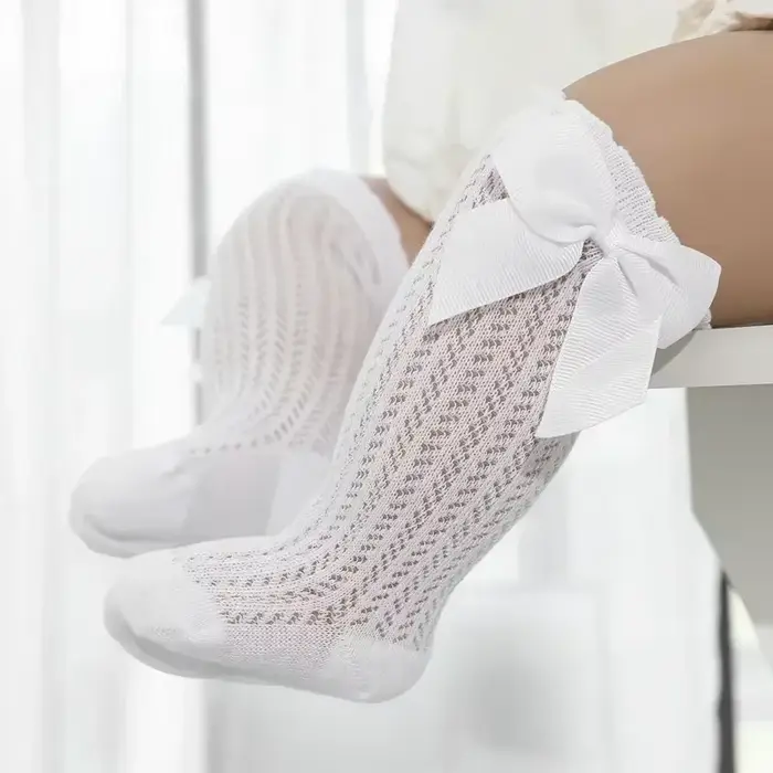 0-36M bébé fille chaussettes enfant en bas âge grand nœud coton été maille infantile genou chaussett