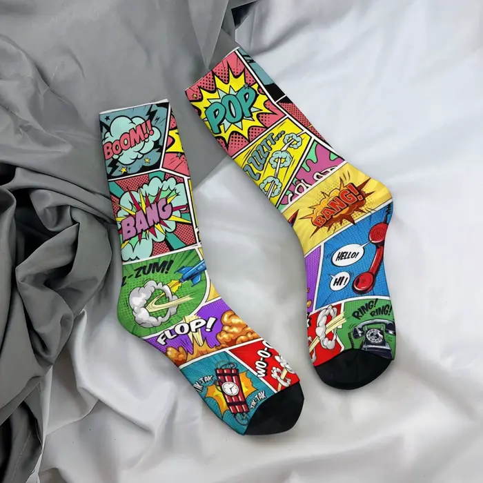 Chaussettes pour hommes à imprimé pop art cartoon, confortables et respirantes, originales et élégan