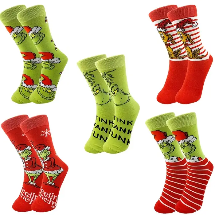 5 paires de chaussettes hautes pour femmes, originales et amusantes, à thème de Noël, en coton respi