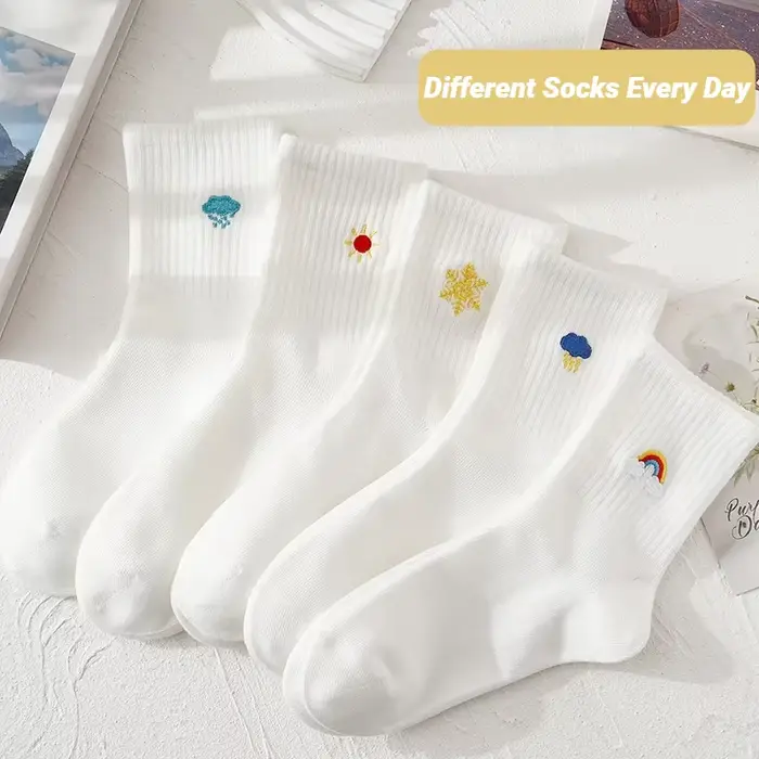 Lot de 5 paires de chaussettes pour femmes, collection printemps-automne, chaussettes mignonnes à motifs de dessins animés, broderies amusantes, chaussettes longues imprimées tendance, streetwear, cha