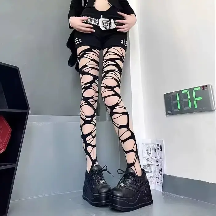 Collants résille noirs sexy déchirés pour femmes, style gothique punk, collants en maille ajourés, b