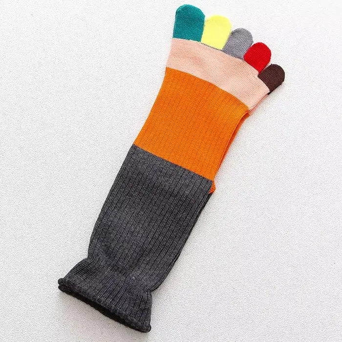 Chaussettes amusantes pour femmes, 100 coton, patchwork coloré, longues, à cinq doigts, courtes, pou