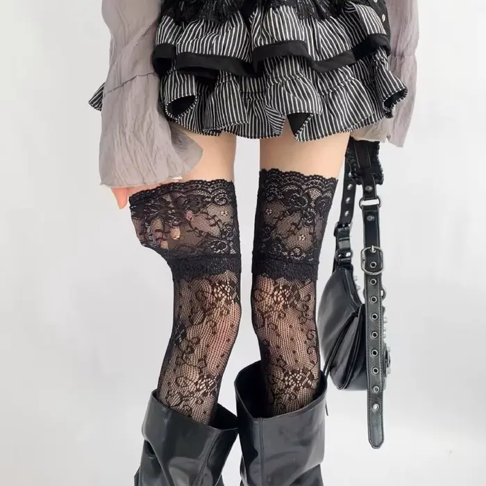 Bas résille Sexy en dentelle florale pour femmes, Costumes JK Lolita, chaussettes hautes, maille en 
