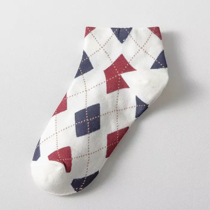 Chaussettes en coton losange pour femmes, chaussettes courtes à carreaux pour femmes, chaussettes dé