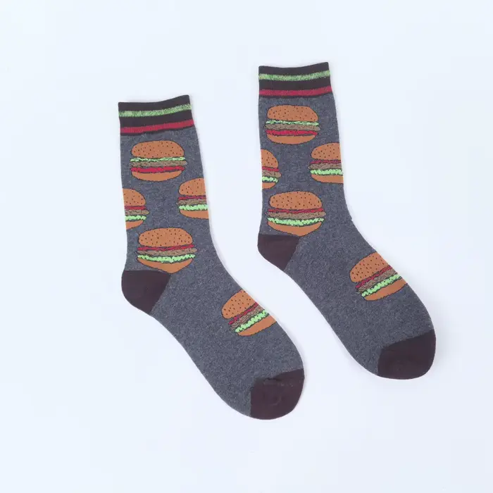 1 paire de chaussettes mi-mollet avec motif burger, confort similaire au coton, adaptées à toutes le