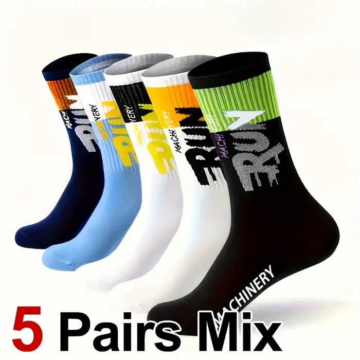 5/10 paires de chaussettes mi-hautes pour hommes, imprimées de lettres, style streetwear, absorbant 
