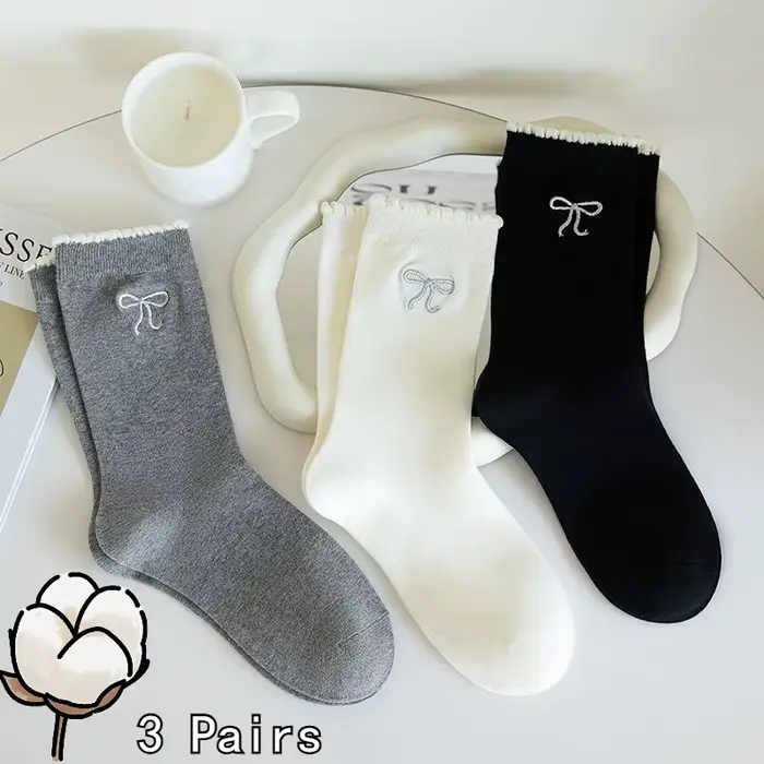 3 paires de chaussettes en coton style ballet avec nœud en dentelle pour femme, chaussettes mi-molle