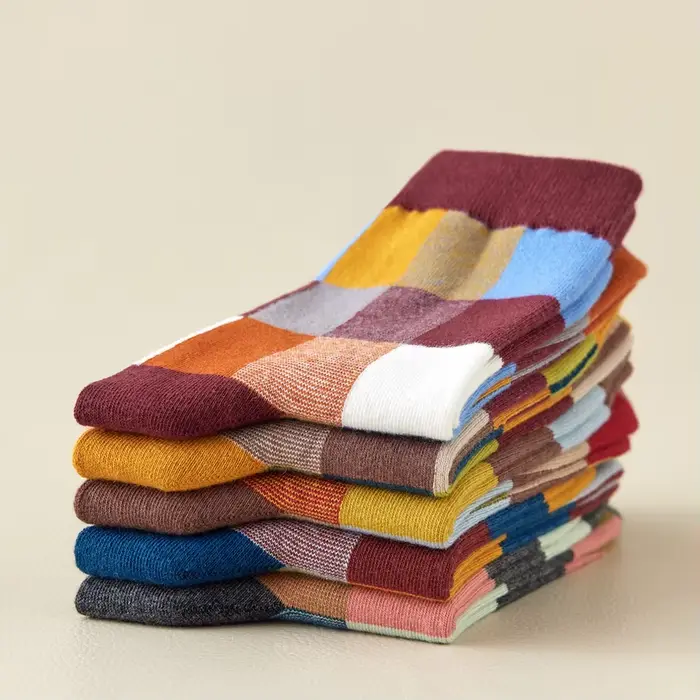 5 paires de chaussettes en coton peigné pour hommes, chaussettes de Compression pour fête en plein air, mode colorée carrée et à rayures, chaussettes pour robe heureuse pour hommes