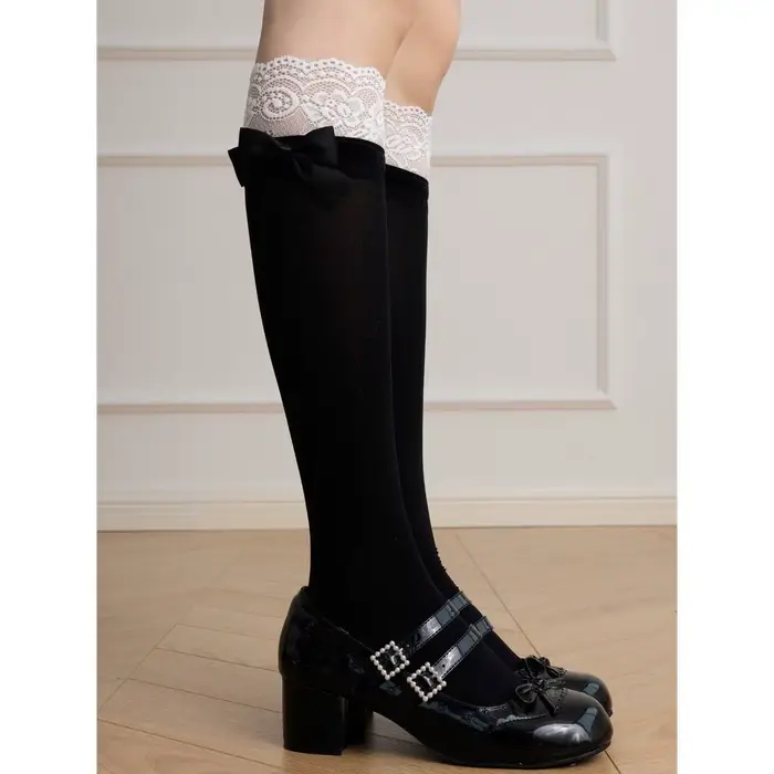 Chaussettes Jk en velours blanc fin, épissure de dentelle, nœud papillon au-dessus du genou, chausse