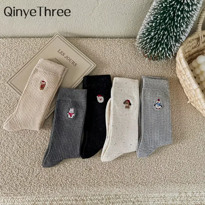 Chaussettes tendance pour femmes avec broderie de bonhomme de neige de Noël à pois, motif animal de dessin animé mignon, cadeau de Noël