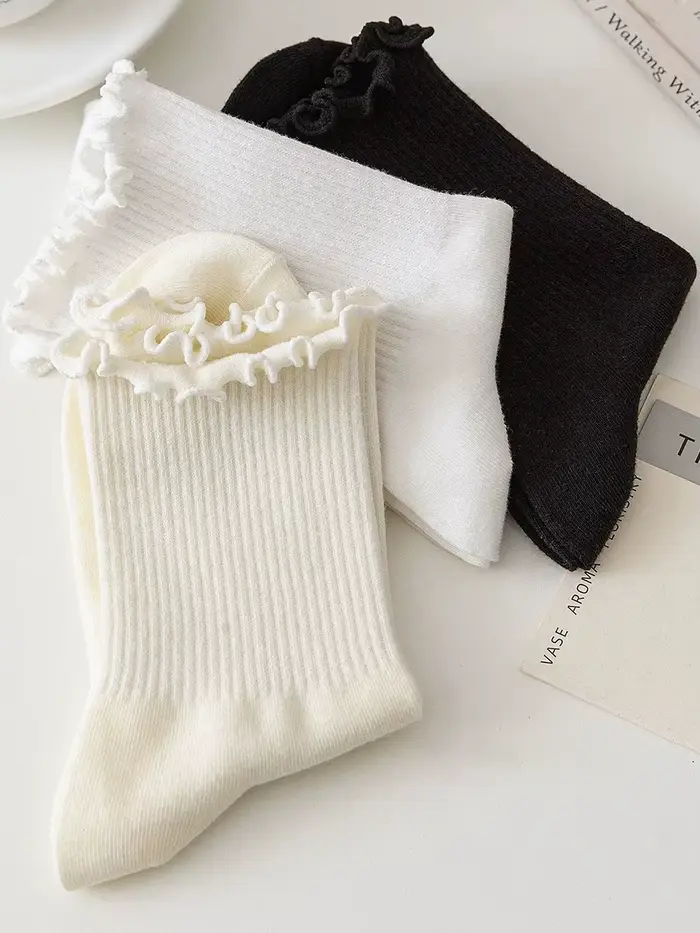 Chaussettes à volants pour femmes 3 paire/lot mi équipage moyen Tube cheville haute respirant noir blanc Calcetines femme printemps automne chaussette