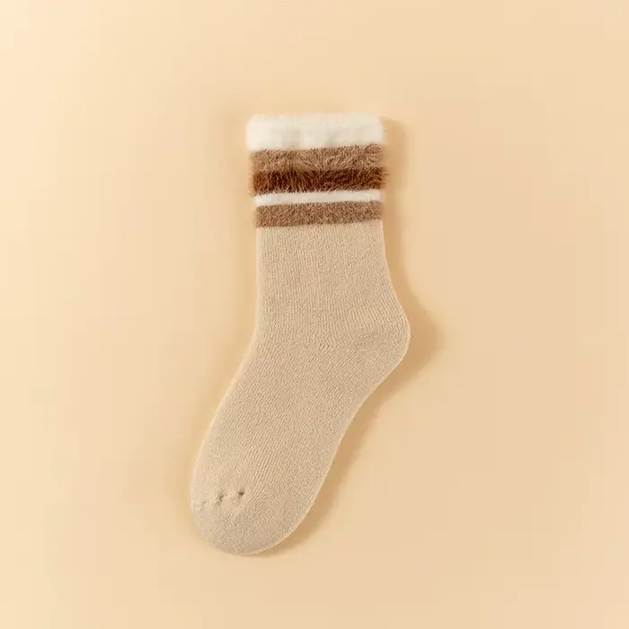 Chaussettes en cachemire à rayures froides pour femmes, bas en laine moelleux, flous chauds, confort