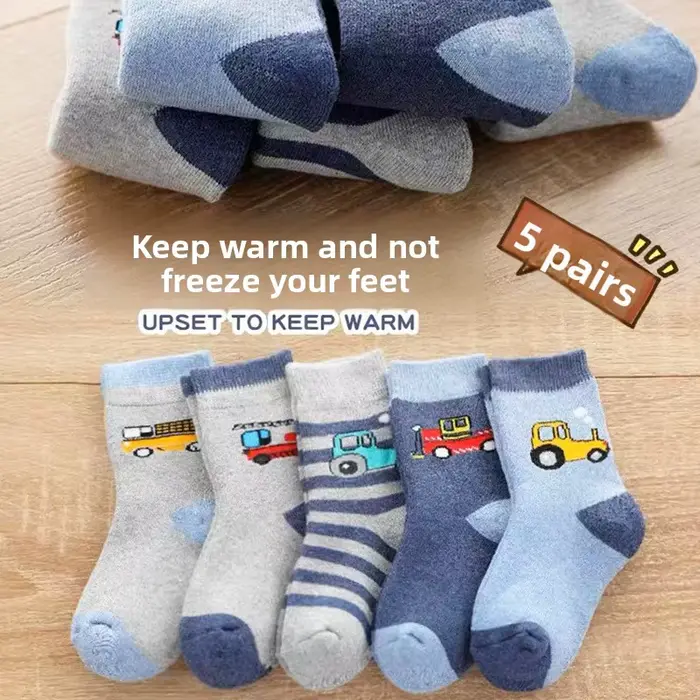 5 paires de chaussettes thermiques en éponge mi-mollet doublées de polaire pour enfants