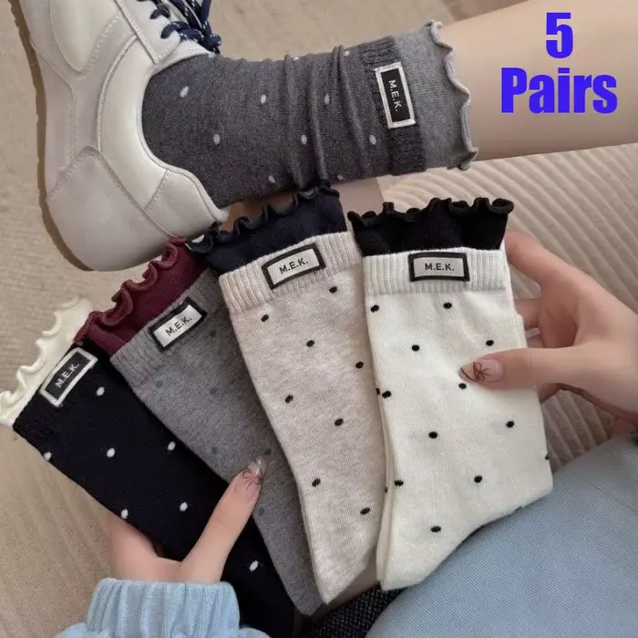 Chaussettes mi-hautes pour femmes, 5 paires, à pois, mignonnes, à volants, décontractées, respirante