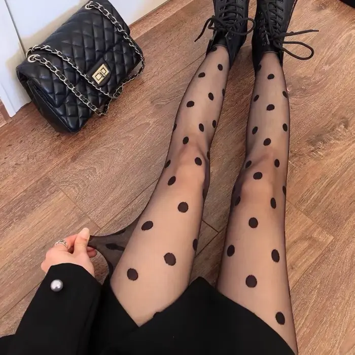 Bas imprimé à pois pour femmes, collants en maille résille, collants sans couture, nylon, noir, blan