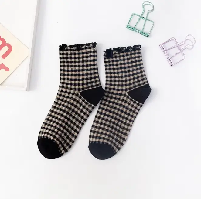 Chaussettes femme automne à carreaux rétro Vintage coton chaussettes équipage confortable couleur mo