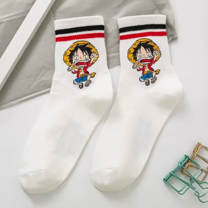 Chaussettes pour bébés et enfants, en coton, motif dessin animé Luffy, mi-longues, couleur unie, déc