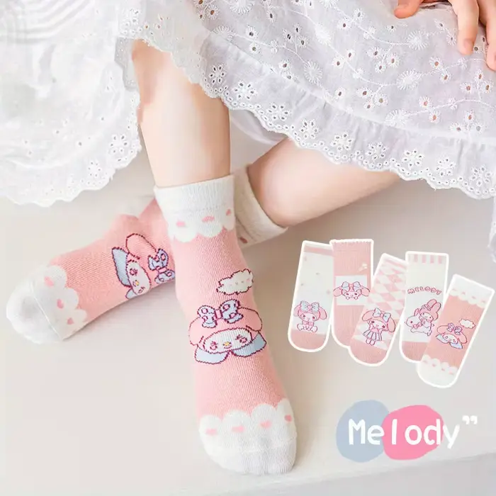 Chaussettes pour enfants Kawaii My Melody, lot de 5, chaussettes en coton doux pour filles, chaussettes respirantes pour enfants avec des dessins mignons pour un usage quotidien
