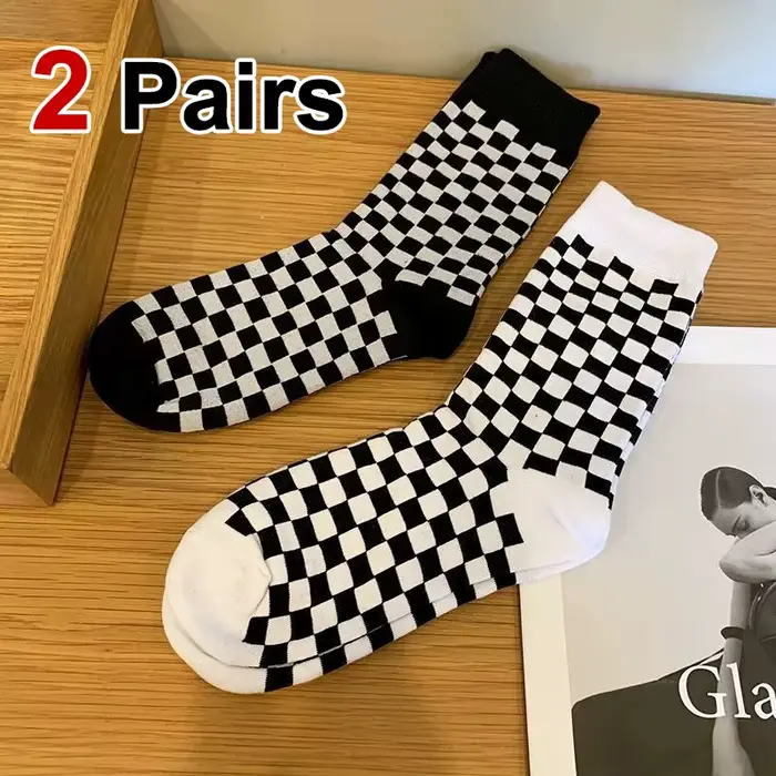 2 paires de chaussettes à motifs en damier pour femmes, Design à la mode, douces, confortables, absorbant la sueur, respirantes, décontractées pour Couple