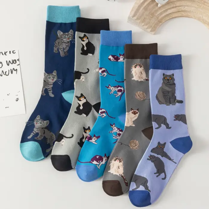 5 paires de chaussettes mi-tube pour femmes, chaussettes tendance, chat de dessin animé, nouveauté, 